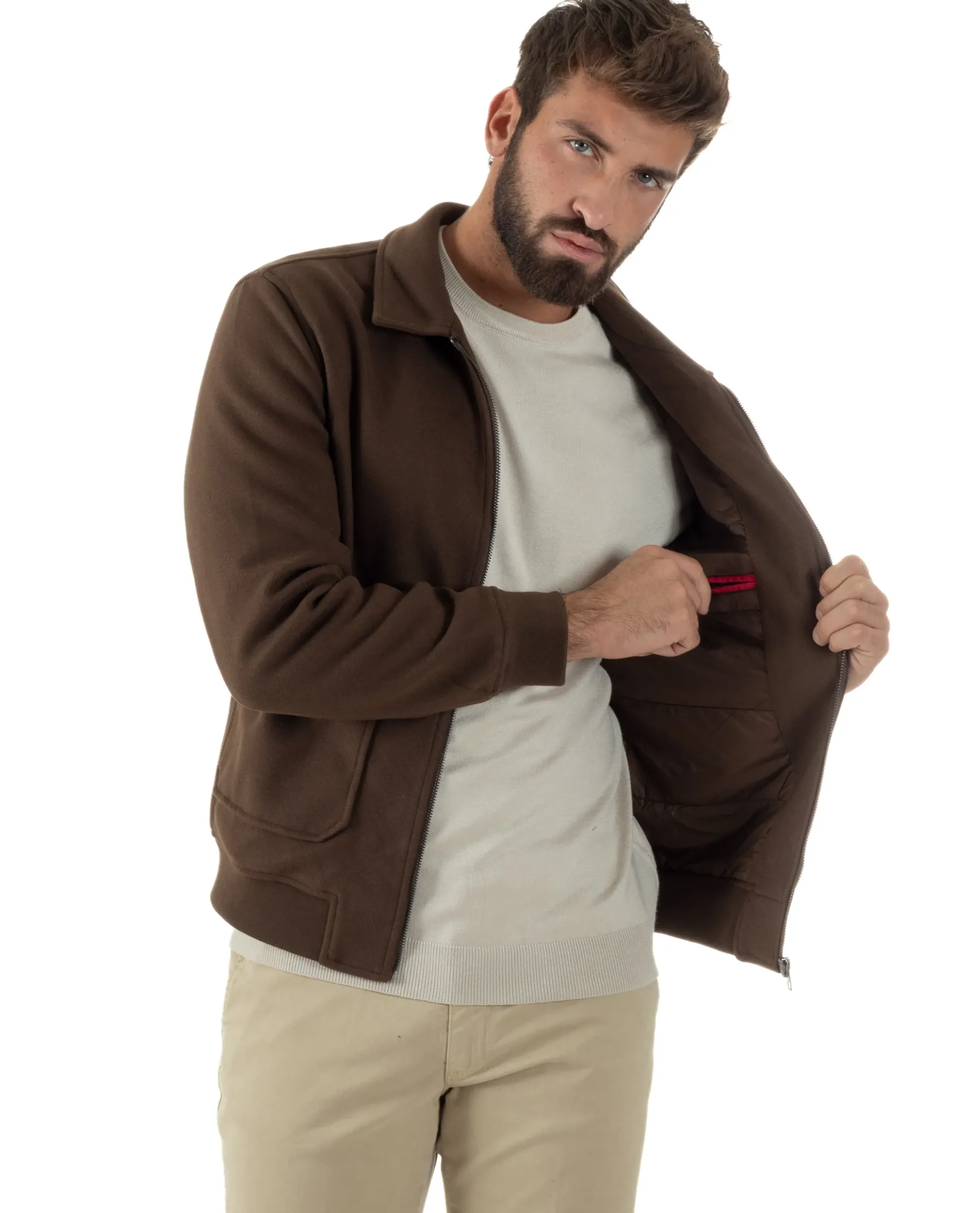 Giubbotto Uomo Zip Colletto Bomber Panno Marrone G3380A