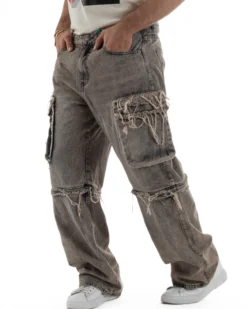Jeans cargo uomo barrel fit stone-washed baggy tasconi zip nero sabbiato GIOSAL-JS1188A