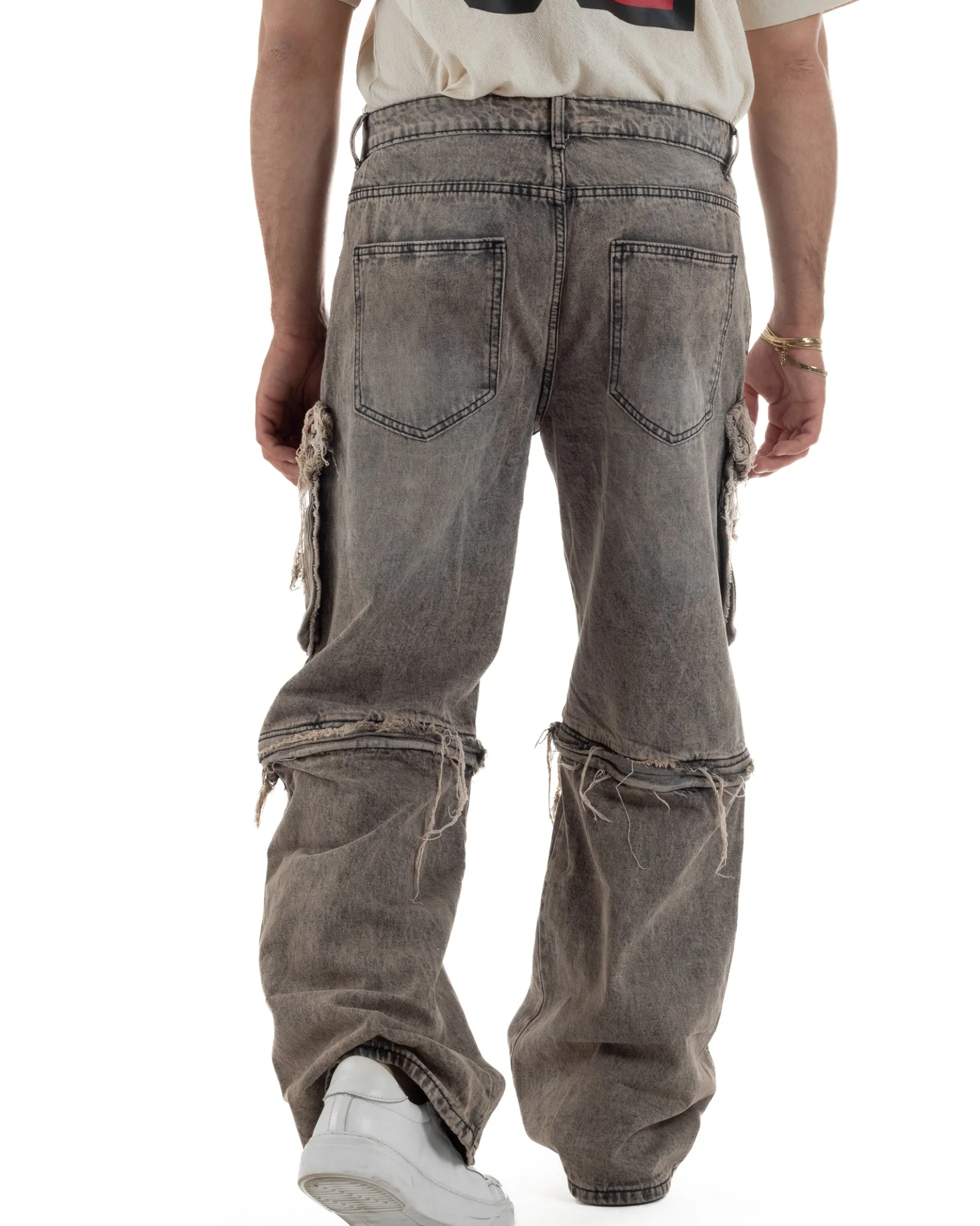 Jeans cargo uomo barrel fit stone-washed baggy tasconi zip nero sabbiato GIOSAL-JS1188A