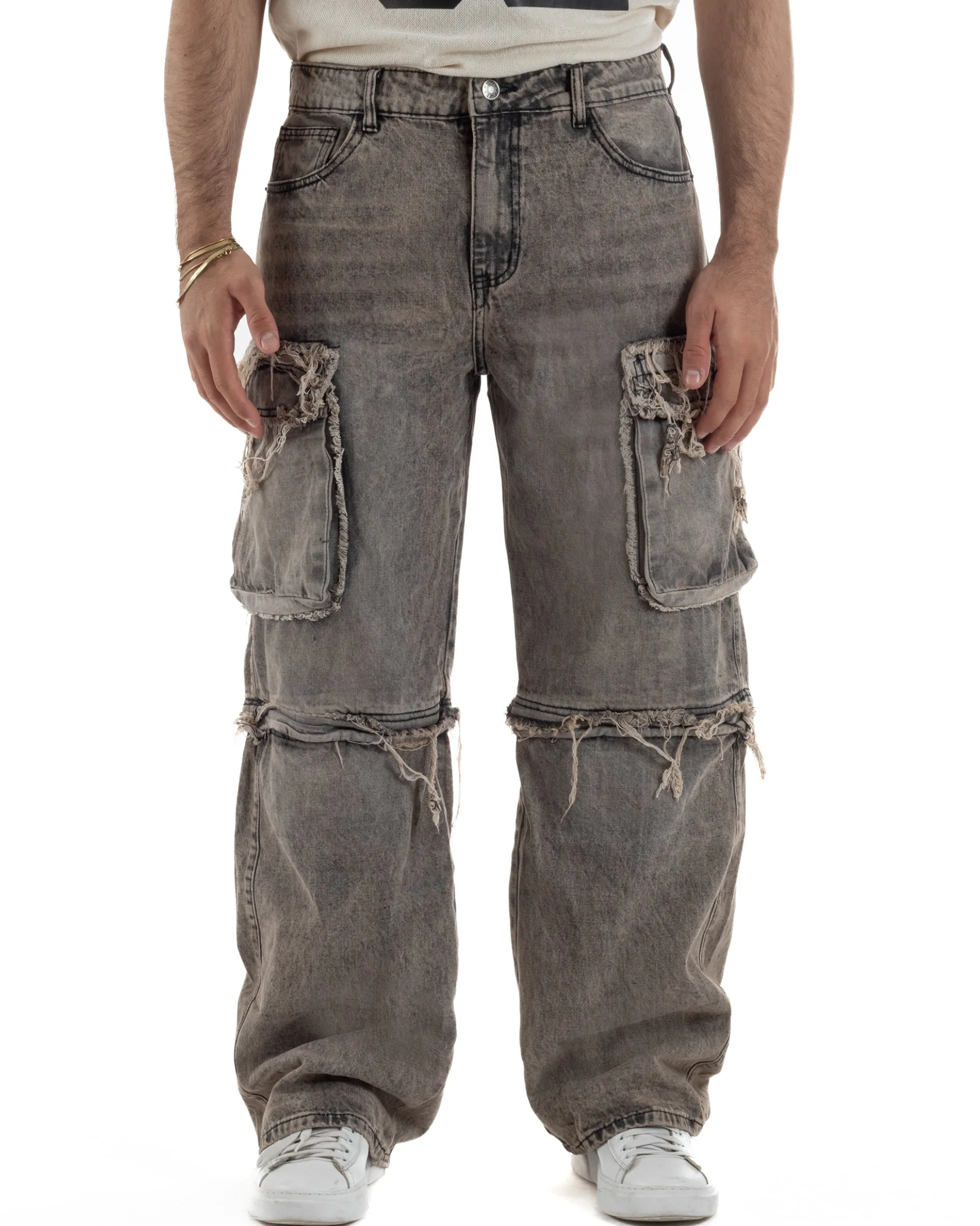 Jeans cargo uomo barrel fit stone-washed baggy tasconi zip nero sabbiato GIOSAL-JS1188A