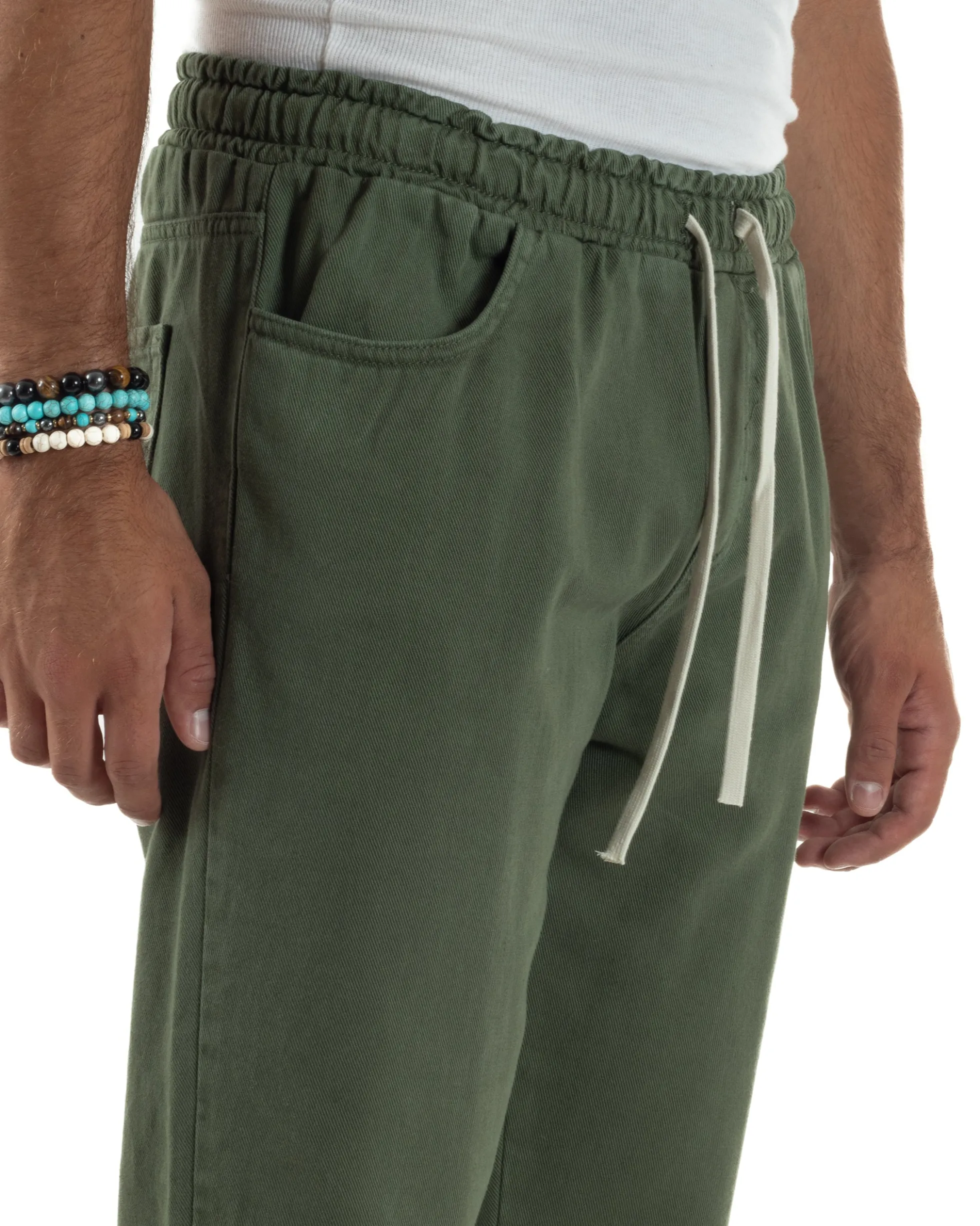 Jeans Jogger Cotone Loose Fit Basic Taglio Ginocchio Verde JS1130A