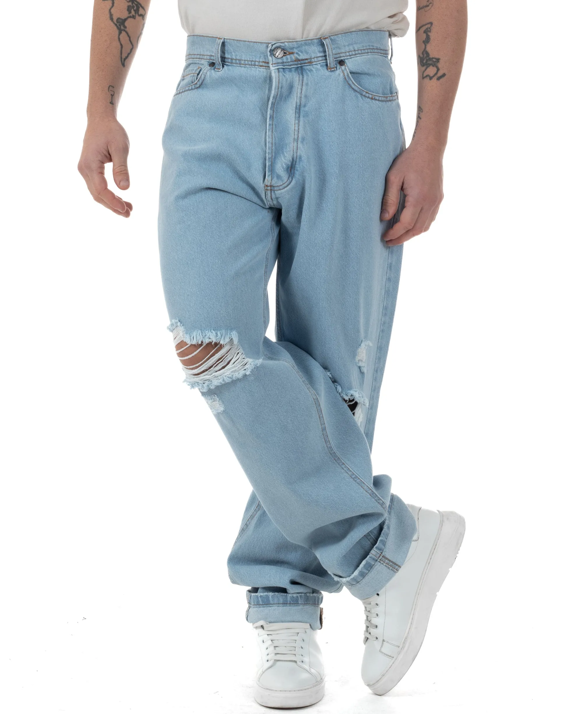 Jeans Uomo Baggy Pantaloni Con Rotture Abrasioni Fondo Largo Taglio Al Ginocchio Denim Chiaro GIOSAL-JS1093A