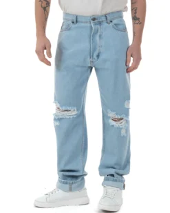 Jeans Uomo Baggy Pantaloni Con Rotture Abrasioni Fondo Largo Taglio Al Ginocchio Denim Chiaro GIOSAL-JS1093A
