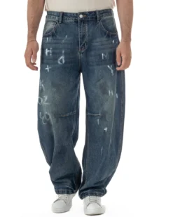 Jeans uomo baggy street scritte vernice denim sabbiato GIOSAL-JS1180A