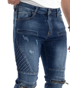Jeans Uomo Biker Pantaloni Con Zip Stone Washed Classico Cinque Tasche Casual Blue Denim GIOSAL-JS1056A