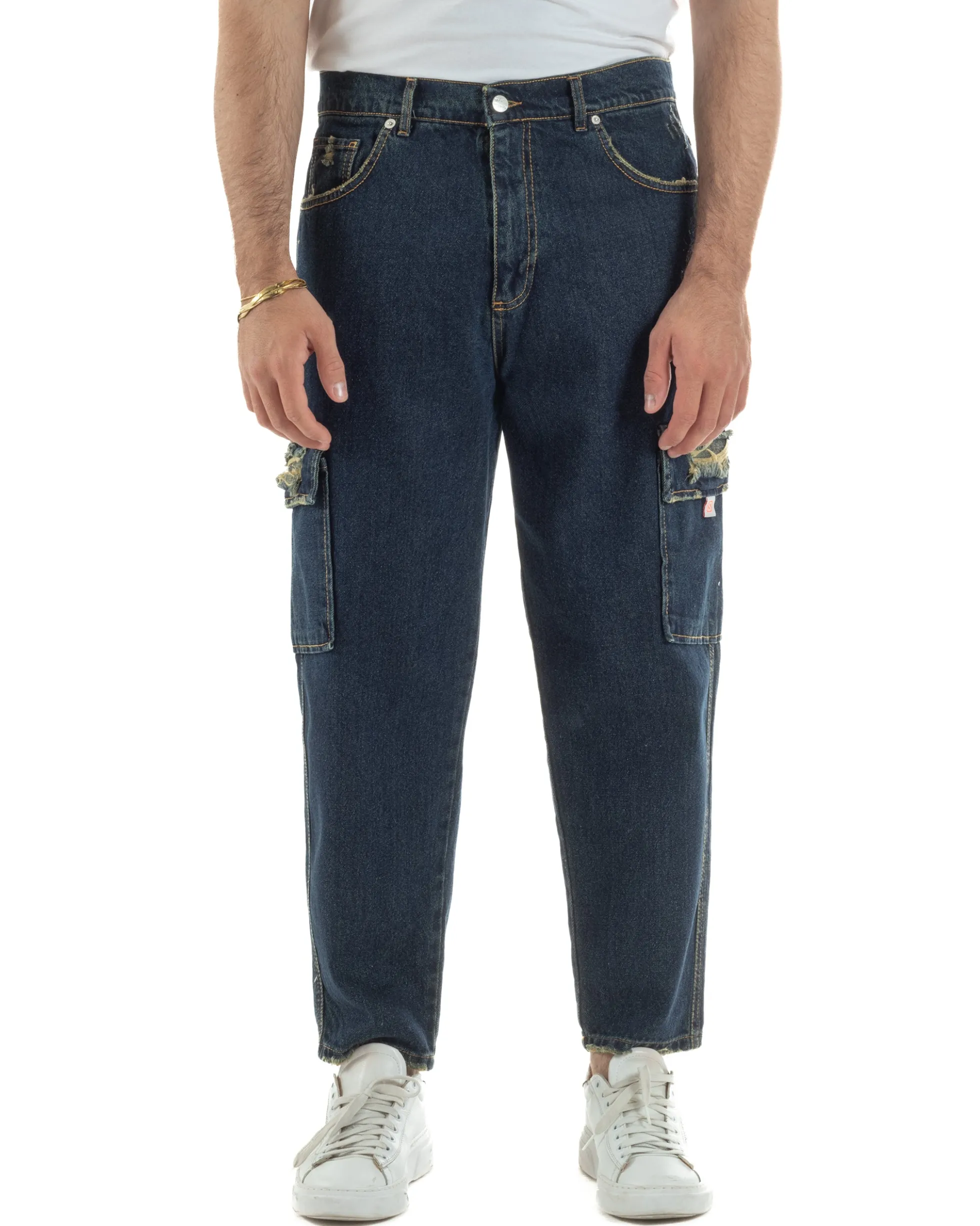 Jeans uomo cargo loose fit pantaloni tasconi rotture denim scuro sabbiato BlackSunday JS1191A