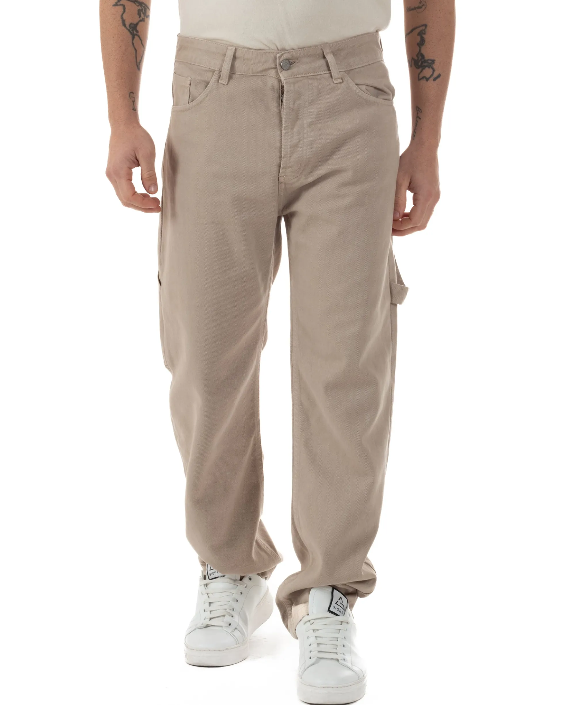 Jeans Uomo Carpenter Worker Pantaloni Baggy Cargo Comodo Fondo Largo Ampio Tinta Unita Beige GIOSAL-JS1088A