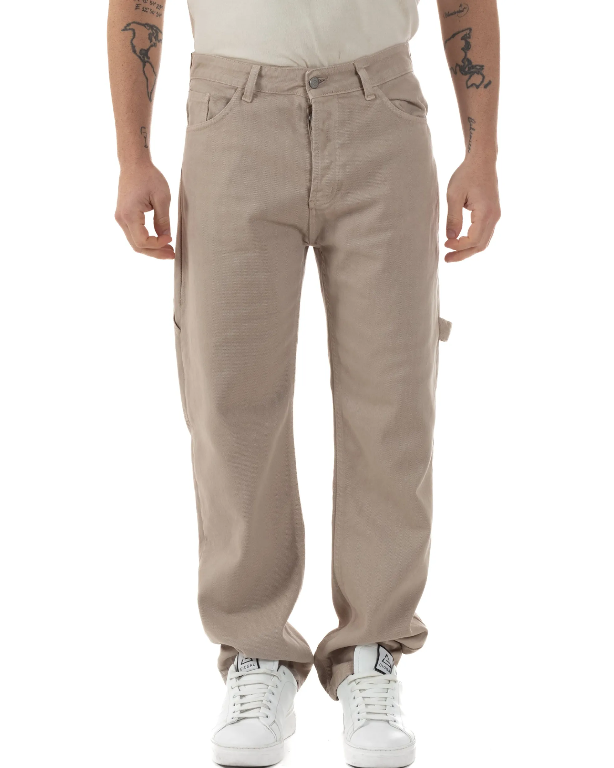 Jeans Uomo Carpenter Worker Pantaloni Baggy Cargo Comodo Fondo Largo Ampio Tinta Unita Beige GIOSAL-JS1088A
