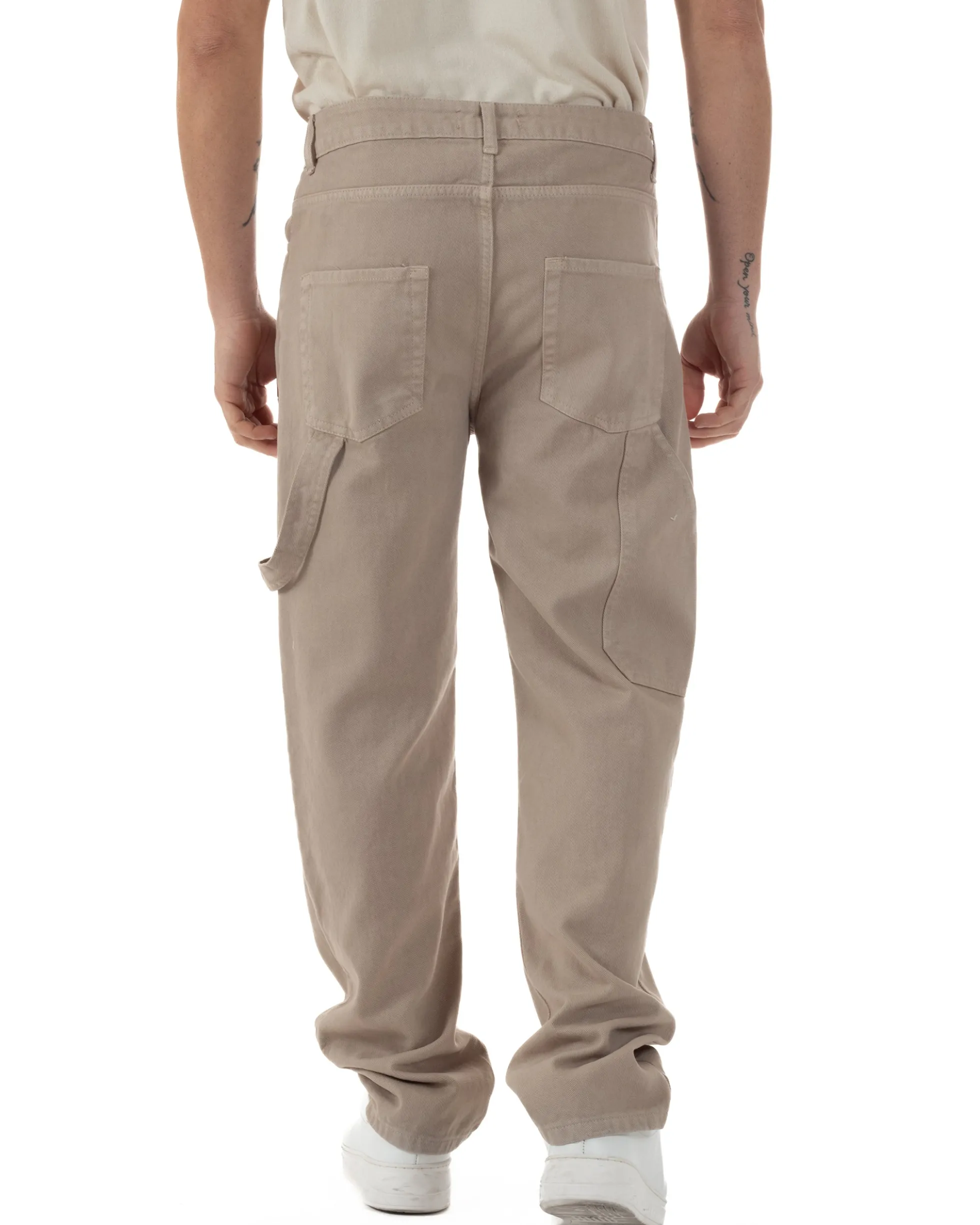 Jeans Uomo Carpenter Worker Pantaloni Baggy Cargo Comodo Fondo Largo Ampio Tinta Unita Beige GIOSAL-JS1088A