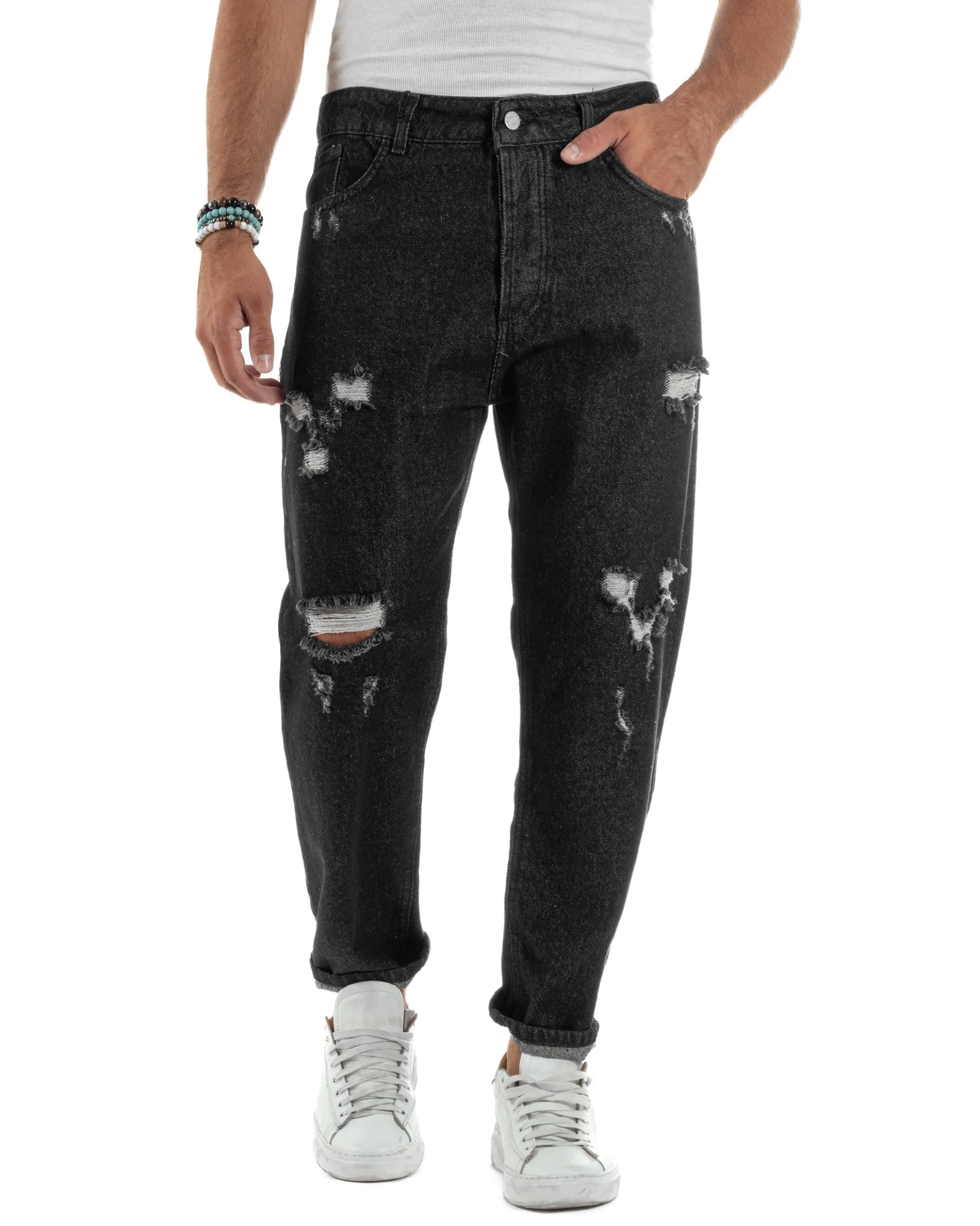 Jeans Uomo Cinque Tasche Regular Fit Rotture Basic Nero JS1125A