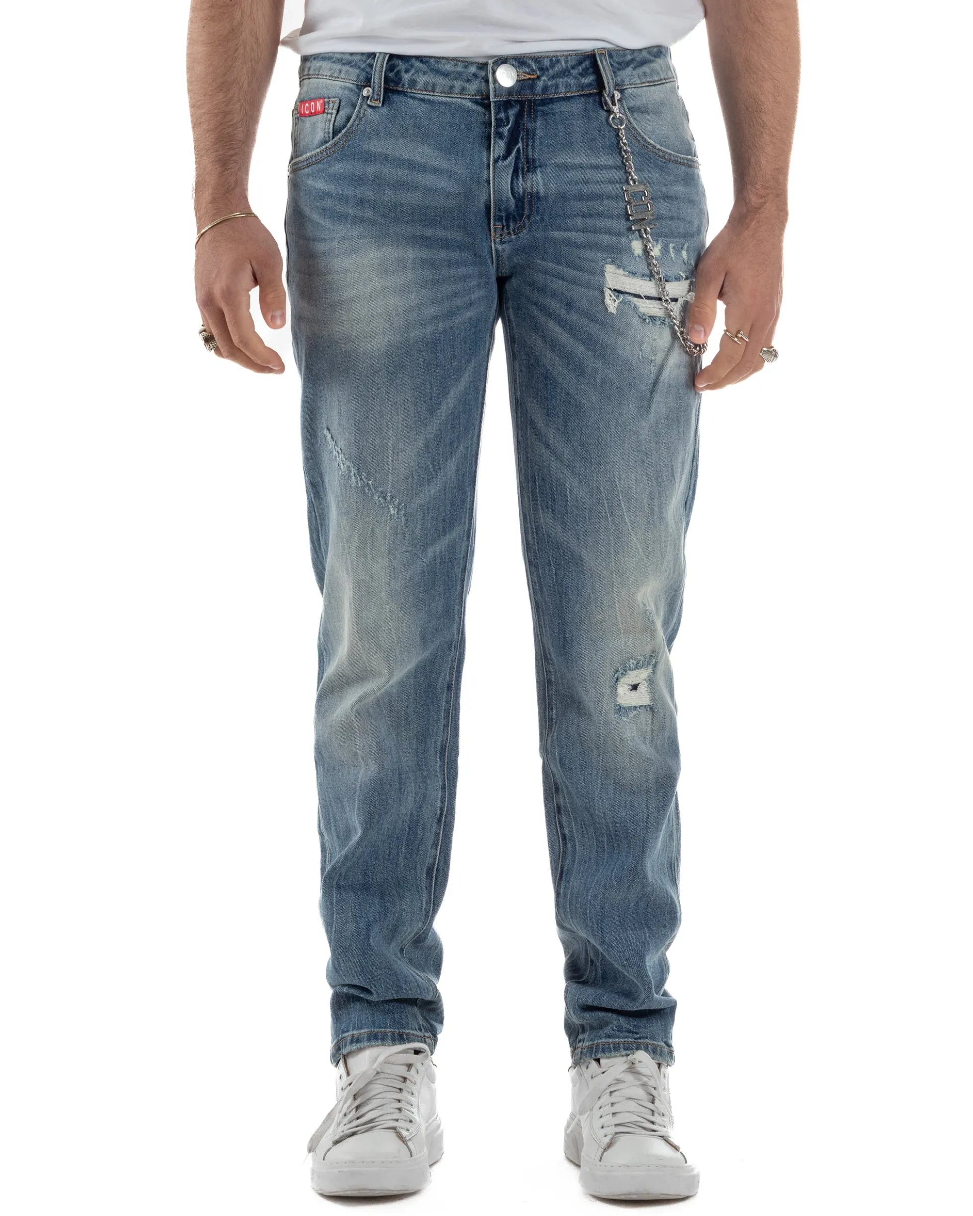 Jeans uomo cinque tasche slim fit sfumato rotture denim chiaro ICON IUD011