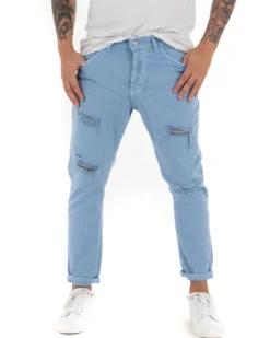 Jeans Uomo Loose Fit Pantaloni Con Rotture Casual Basic Azzurro P4089A