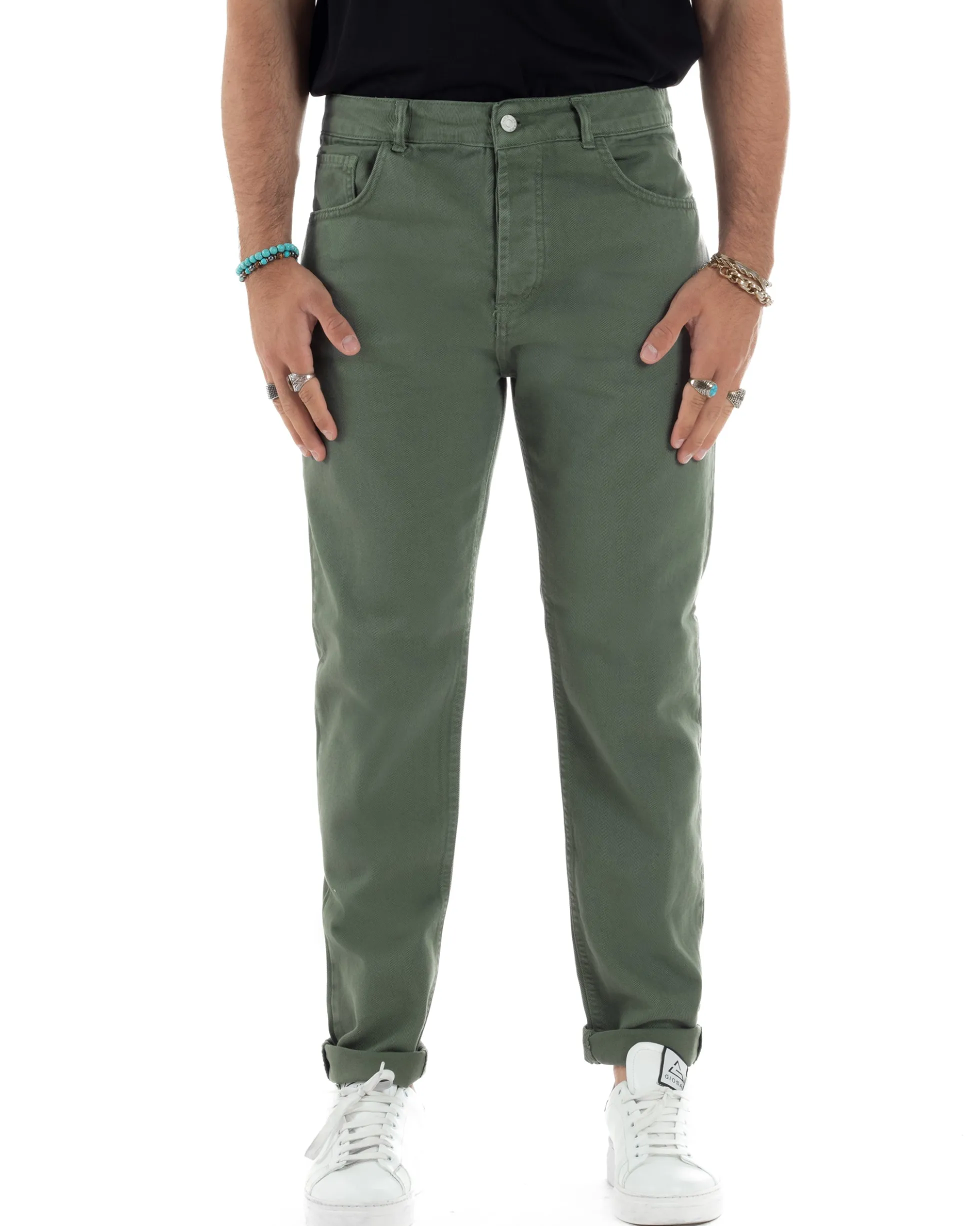 Jeans Uomo Loose Fit Pantaloni Cotone Casual Basic Verde JS1114A