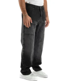Jeans Uomo Pantaloni Carpenter Denim Sfumato Nero Baggy Fit JS1157A