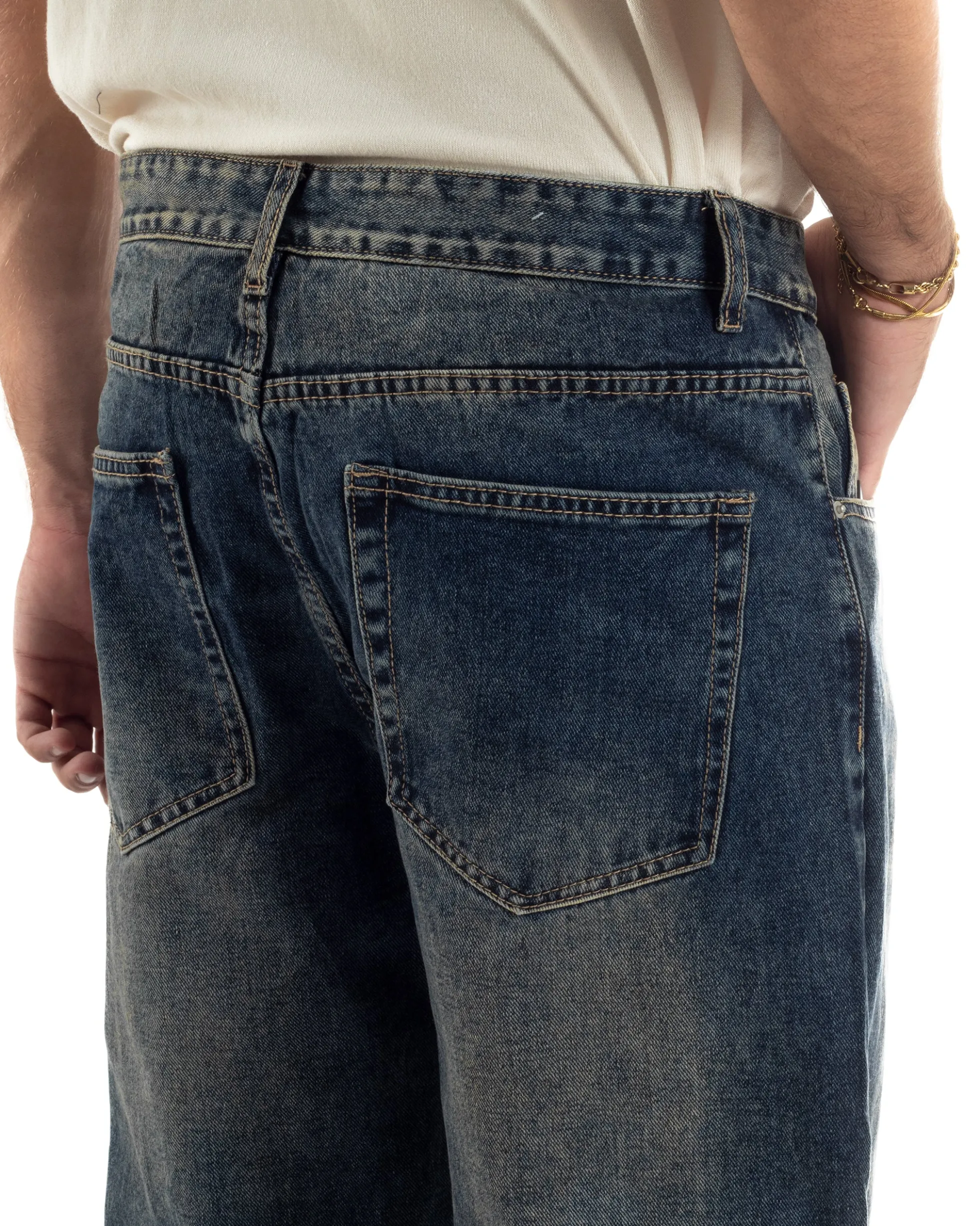 Jeans Uomo Pantaloni Denim Sfumato Sabbiato Blu Baggy Fit JS1158A