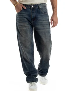 Jeans Uomo Pantaloni Denim Sfumato Sabbiato Blu Baggy Fit JS1158A
