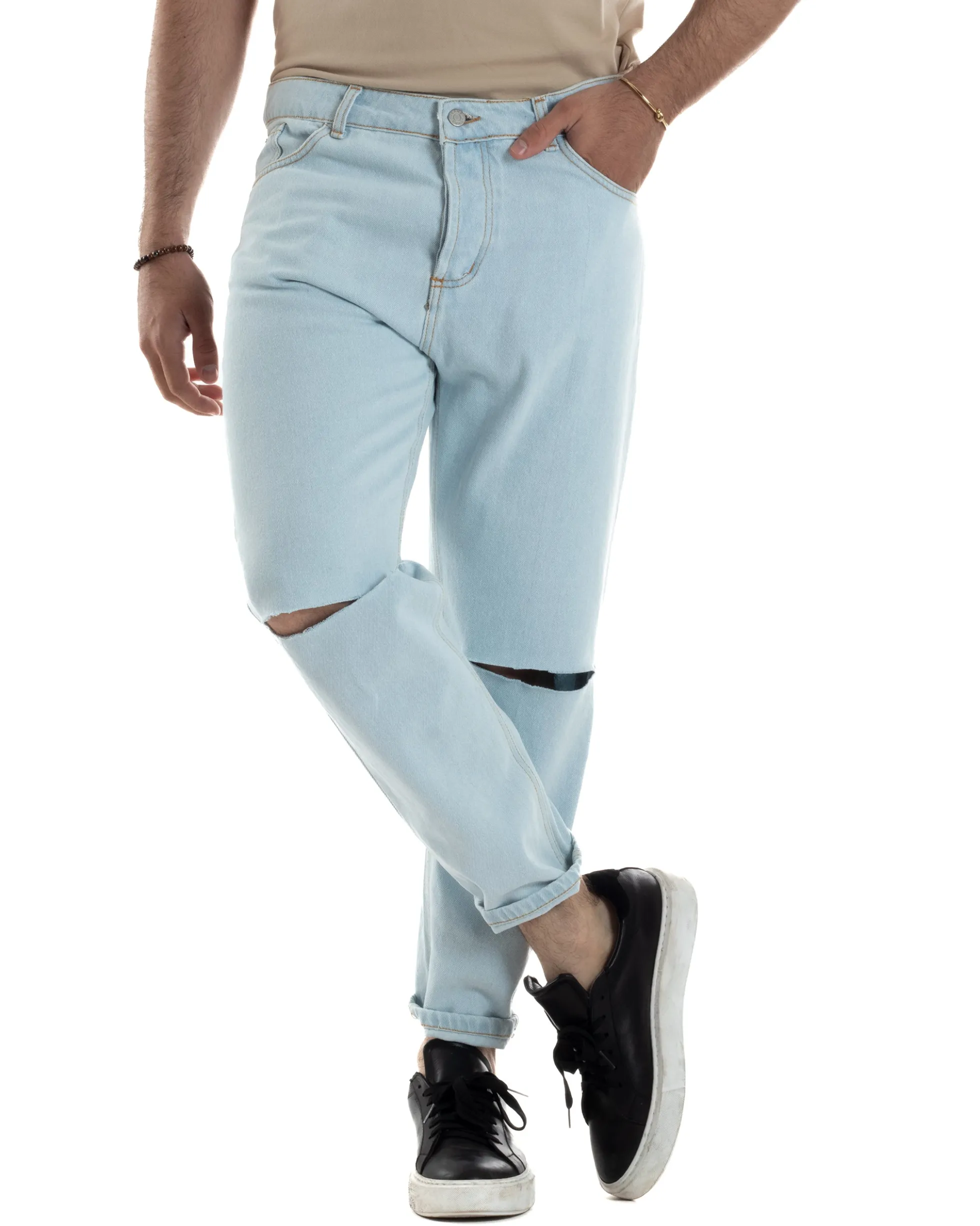 Jeans Uomo Pantaloni Regular Fit Basic Taglio Al Ginocchio Denim Chiaro JS1099A