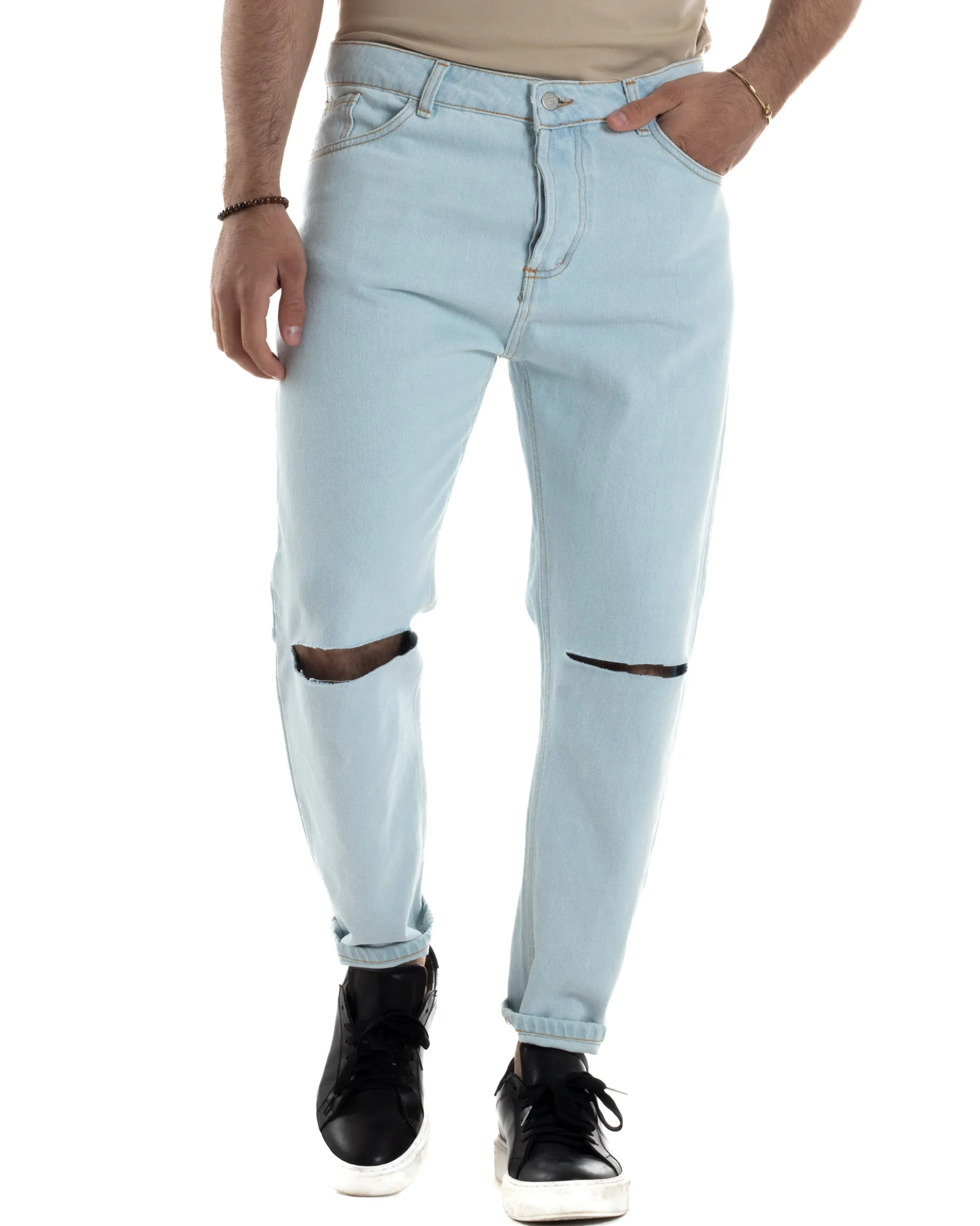 Jeans Uomo Pantaloni Regular Fit Basic Taglio Al Ginocchio Denim Chiaro JS1099A