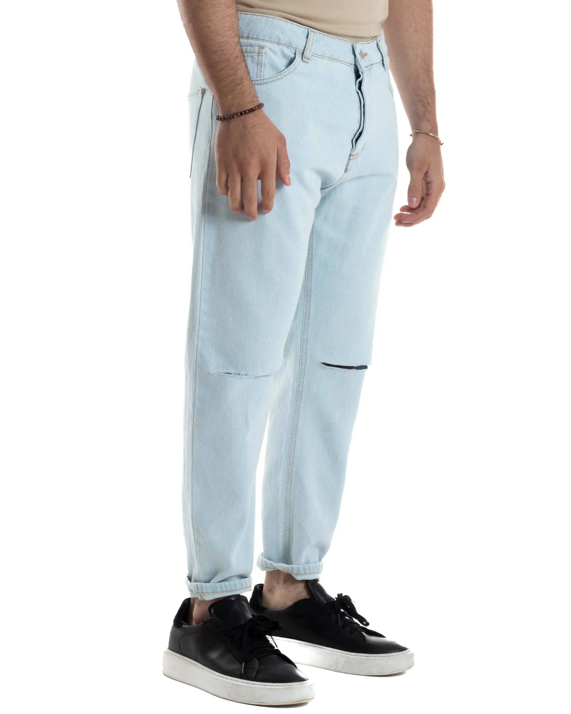 Jeans Uomo Pantaloni Regular Fit Basic Taglio Al Ginocchio Denim Chiaro JS1099A