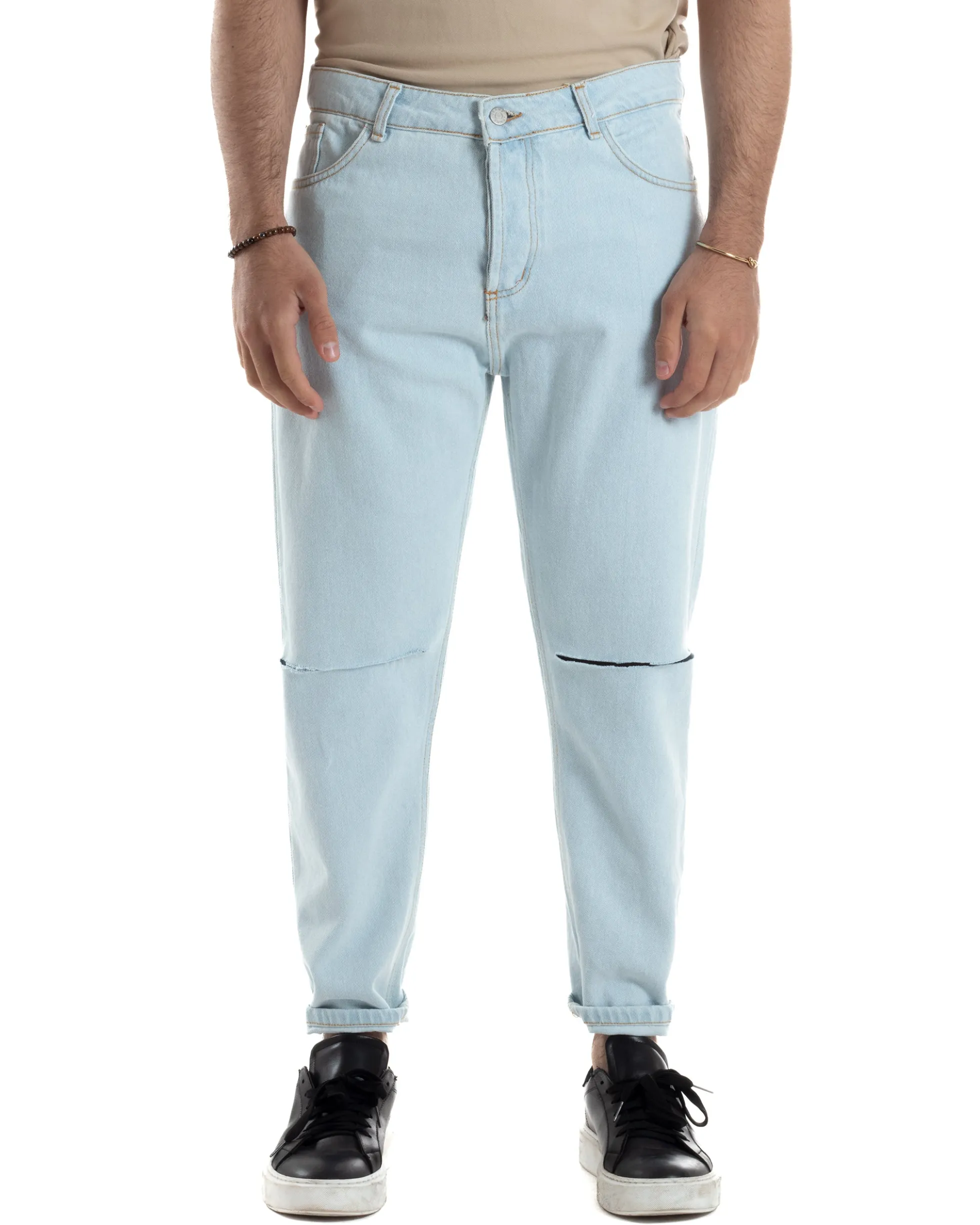 Jeans Uomo Pantaloni Regular Fit Basic Taglio Al Ginocchio Denim Chiaro JS1099A