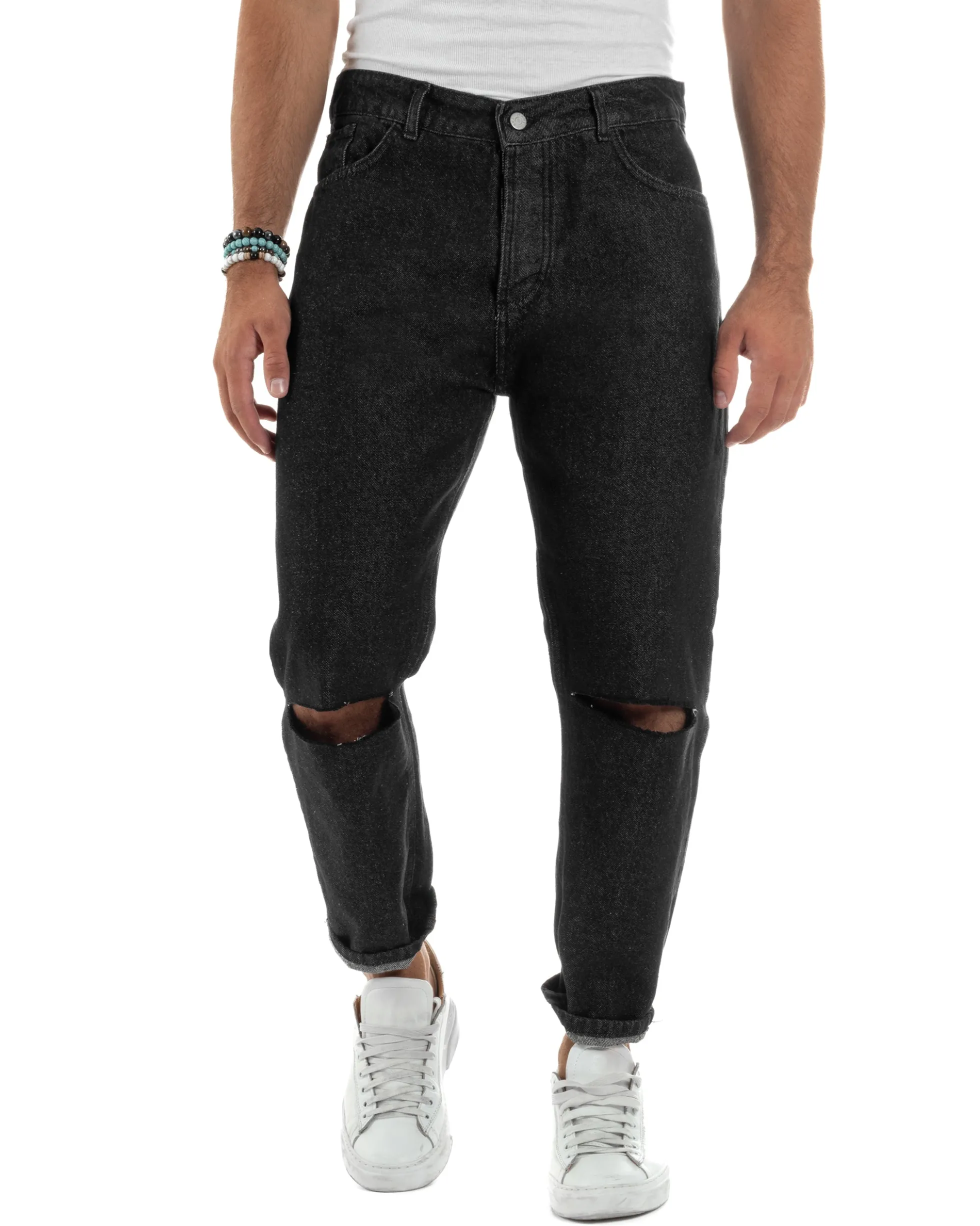 Jeans Uomo Regular Fit Taglio Ginocchio Basic Denim Nero JS1137A