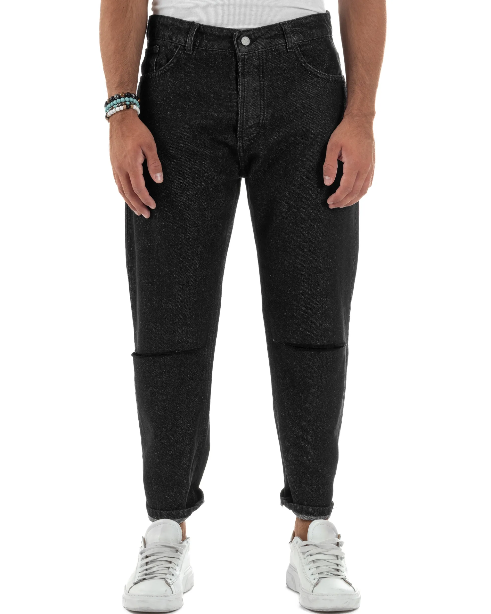 Jeans Uomo Regular Fit Taglio Ginocchio Basic Denim Nero JS1137A