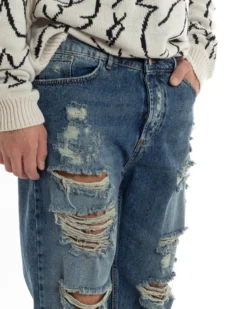 Jeans Uomo Sabbiato Pantaloni Con Rotture Streetwear Cinque Tasche Straight Fit Casual Stone Washed Cotone Denim GIOSAL-JS1059A