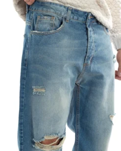 Jeans Uomo Sabbiato Pantaloni Denim Con Rotture Sfrangiato Baggy Stone Washed Casual GIOSAL-JS1060A
