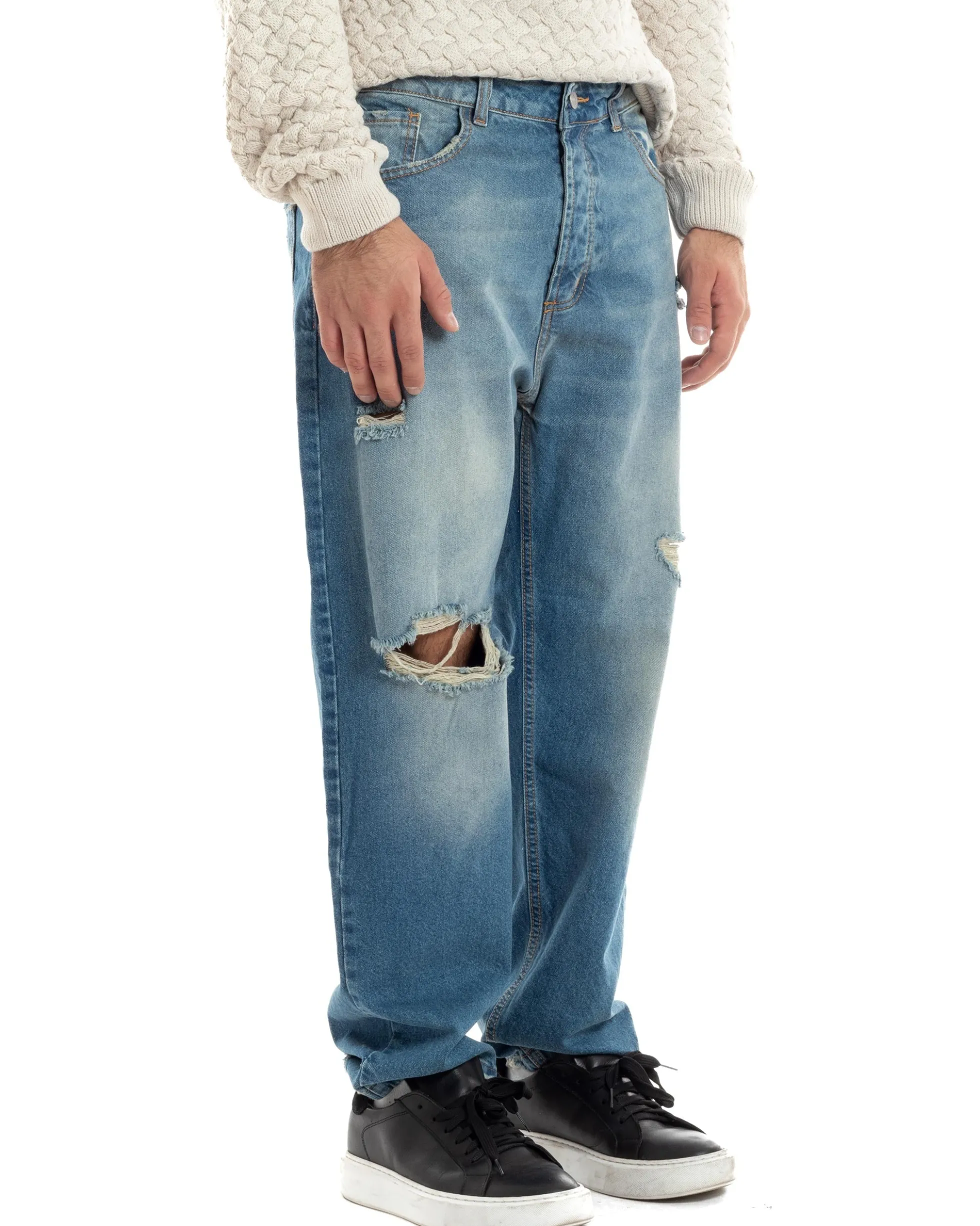 Jeans Uomo Sabbiato Pantaloni Denim Con Rotture Sfrangiato Baggy Stone Washed Casual GIOSAL-JS1060A