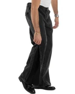 Jeans Uomo Wide Leg Zip Laterali Pantaloni Baggy Denim Nero JS1161A
