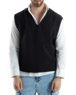Maglia Gilet Uomo Maglioncino Scollo V Smanicato Basic Casual Tinta Unita Nero GIOSAL-M2827A