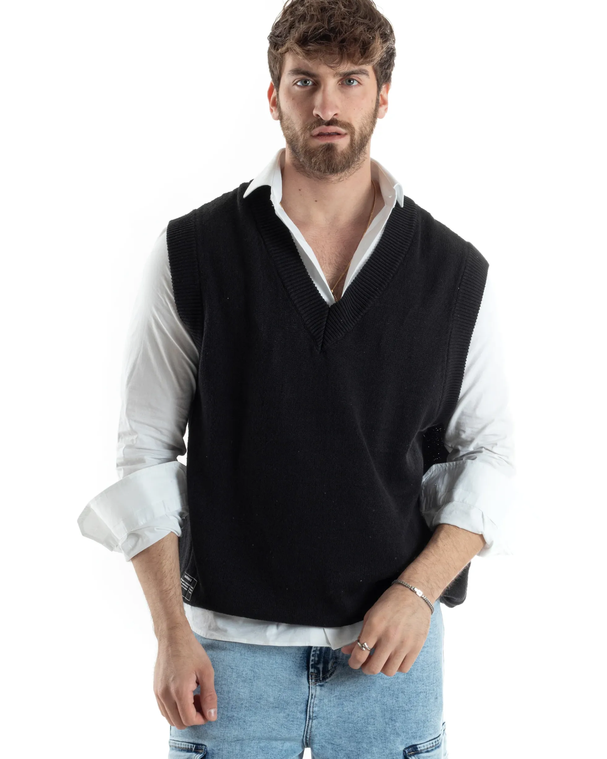 Maglia Gilet Uomo Maglioncino Scollo V Smanicato Basic Casual Tinta Unita Nero GIOSAL-M2827A