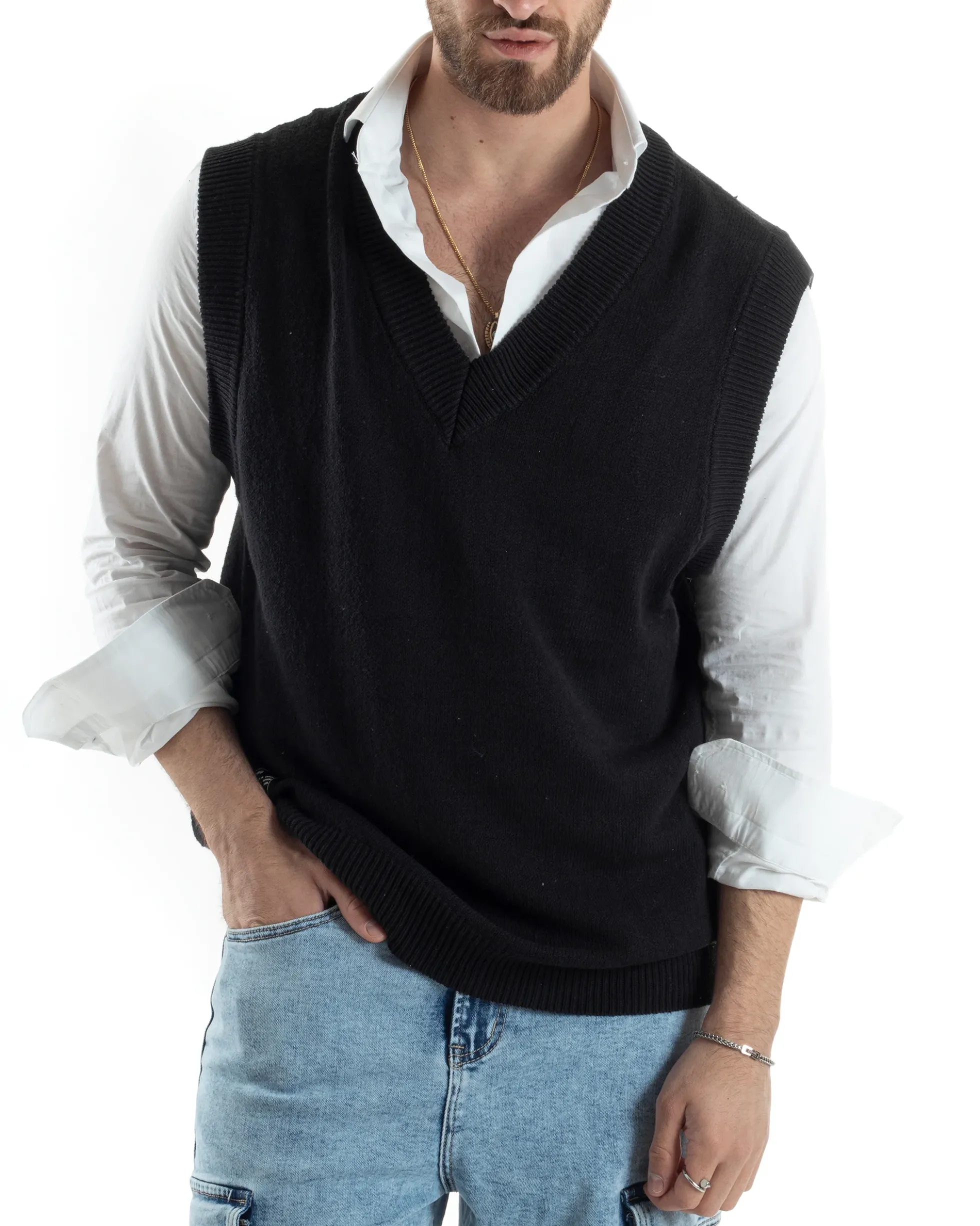 Maglia Gilet Uomo Maglioncino Scollo V Smanicato Basic Casual Tinta Unita Nero GIOSAL-M2827A