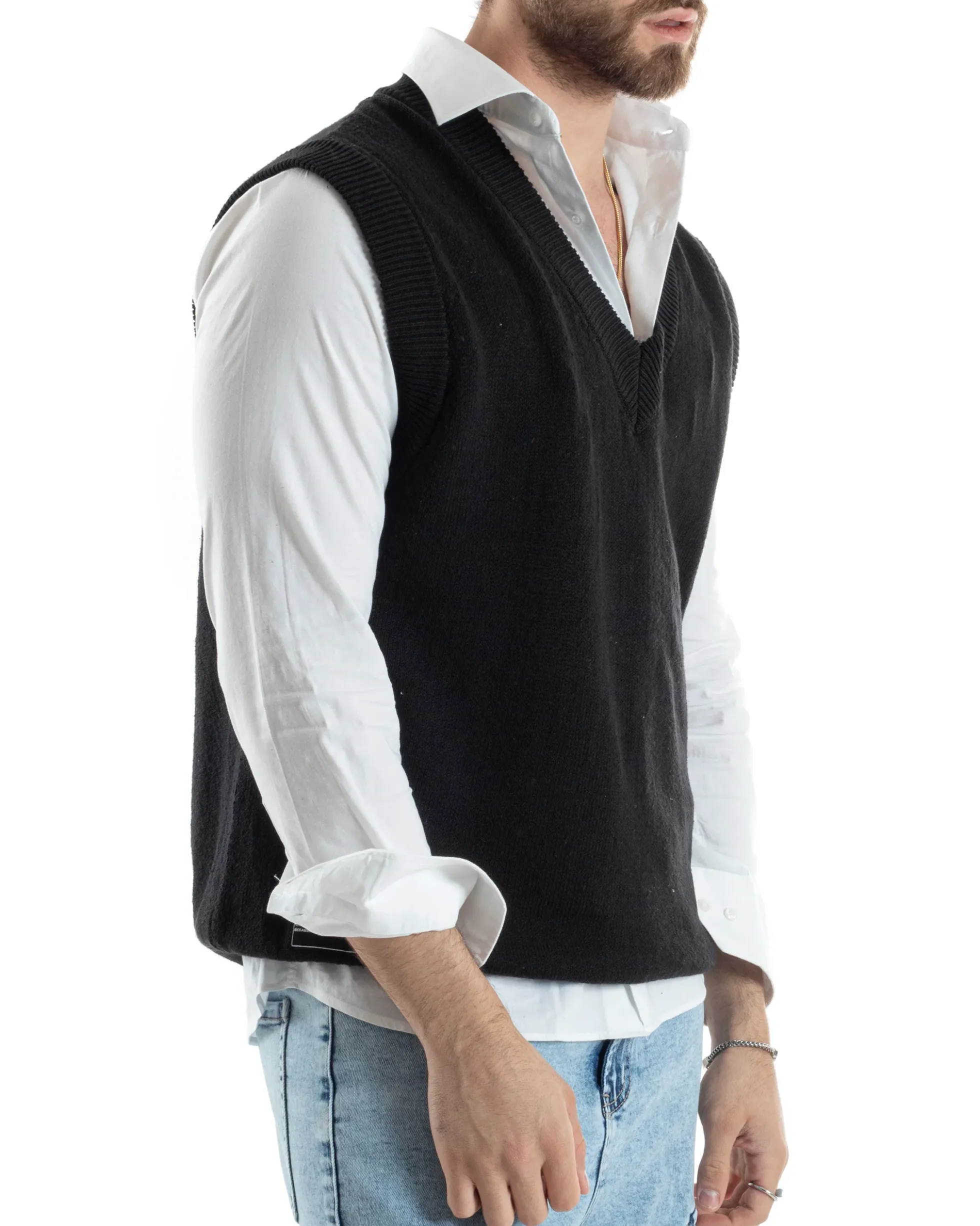 Maglia Gilet Uomo Maglioncino Scollo V Smanicato Basic Casual Tinta Unita Nero GIOSAL-M2827A