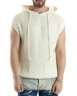 Maglia Gilet Uomo Maglioncino Con Cappuccio Smanicato Basic Casual Tinta Unita Bianco GIOSAL-M2830A
