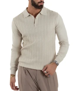 Maglia Uomo Colletto Polo Maglioncino Trecce Basic Beige M3037A