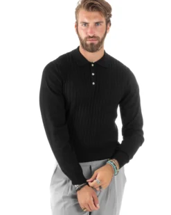 Maglia Uomo Con Colletto Polo Maglioncino Con Bottoncini Fantasia Trecce Nero GIOSAL-M2837A