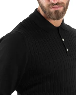 Maglia Uomo Con Colletto Polo Maglioncino Con Bottoncini Fantasia Trecce Nero GIOSAL-M2837A