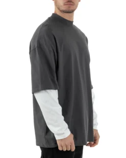 Maglia Uomo Girocollo T-Shirt Maniche Lunghe Combinate Long Sleeve Bicolore Oversize Comoda Grigio GIOSAL-M2973A