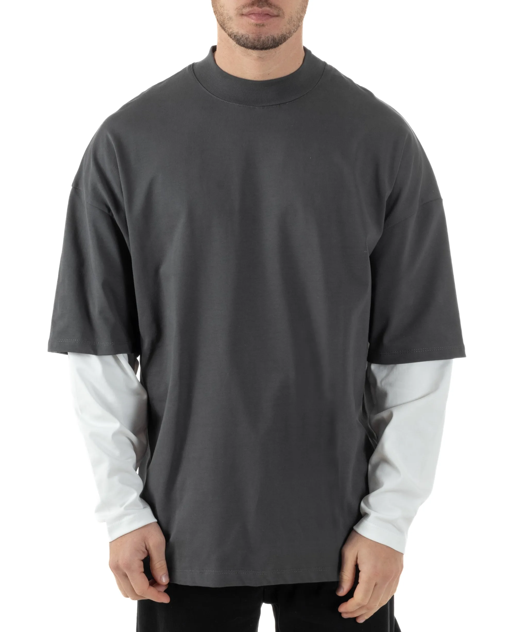 Maglia Uomo Girocollo T-Shirt Maniche Lunghe Combinate Long Sleeve Bicolore Oversize Comoda Grigio GIOSAL-M2973A