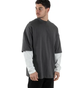 Maglia Uomo Girocollo T-Shirt Maniche Lunghe Combinate Long Sleeve Bicolore Oversize Comoda Grigio GIOSAL-M2973A