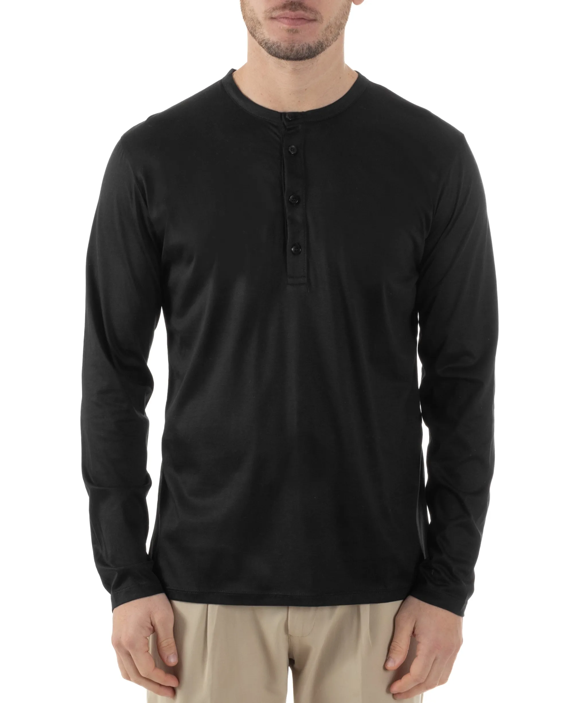 Maglia Uomo Maniche Lunghe Collo Serafino Con Bottoni Sottogiacca Girocollo Casual Tinta Unita Nero GIOSAL-M2971A
