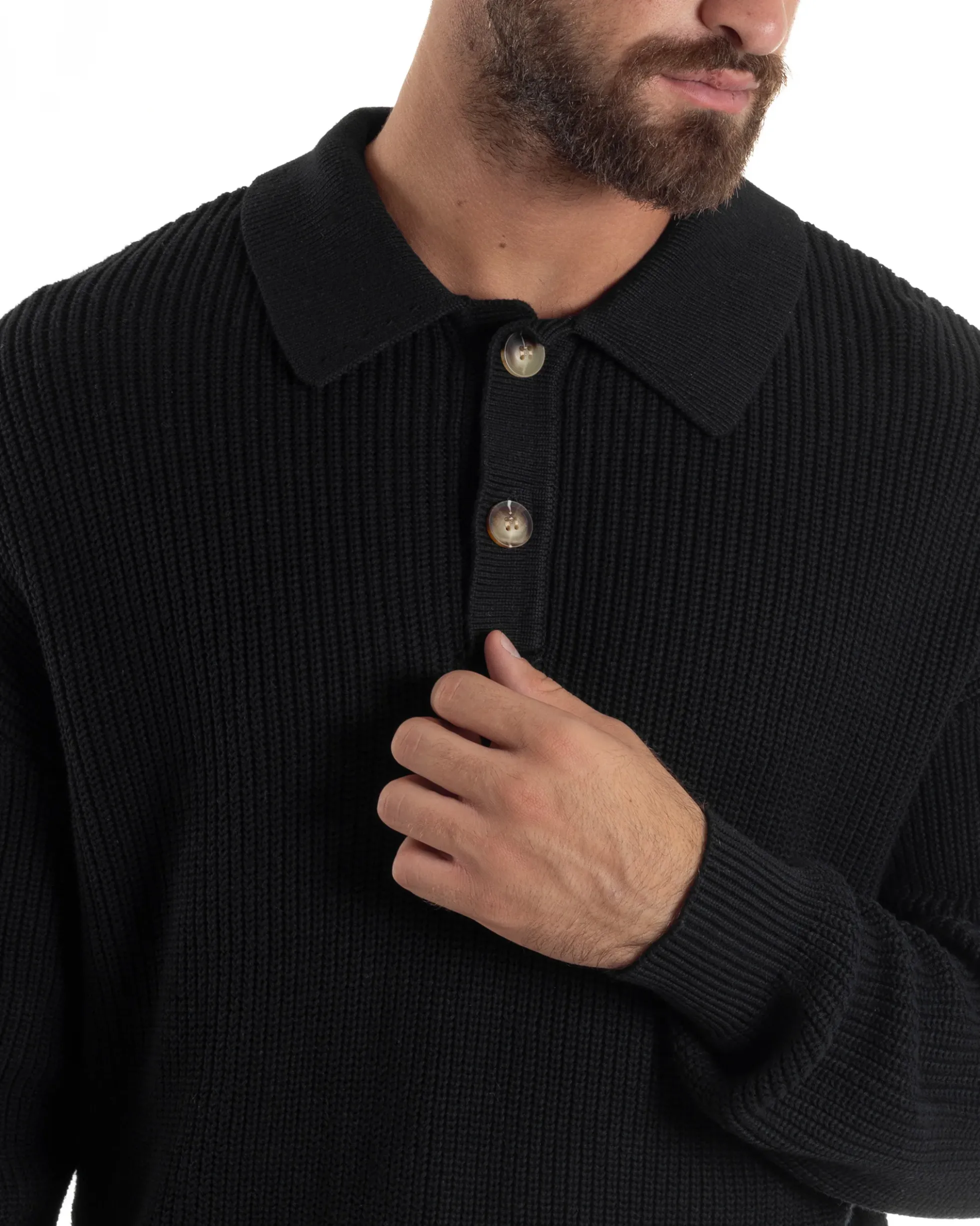 Maglia Uomo Polo Maglioncino Con Colletto Nero M3012A