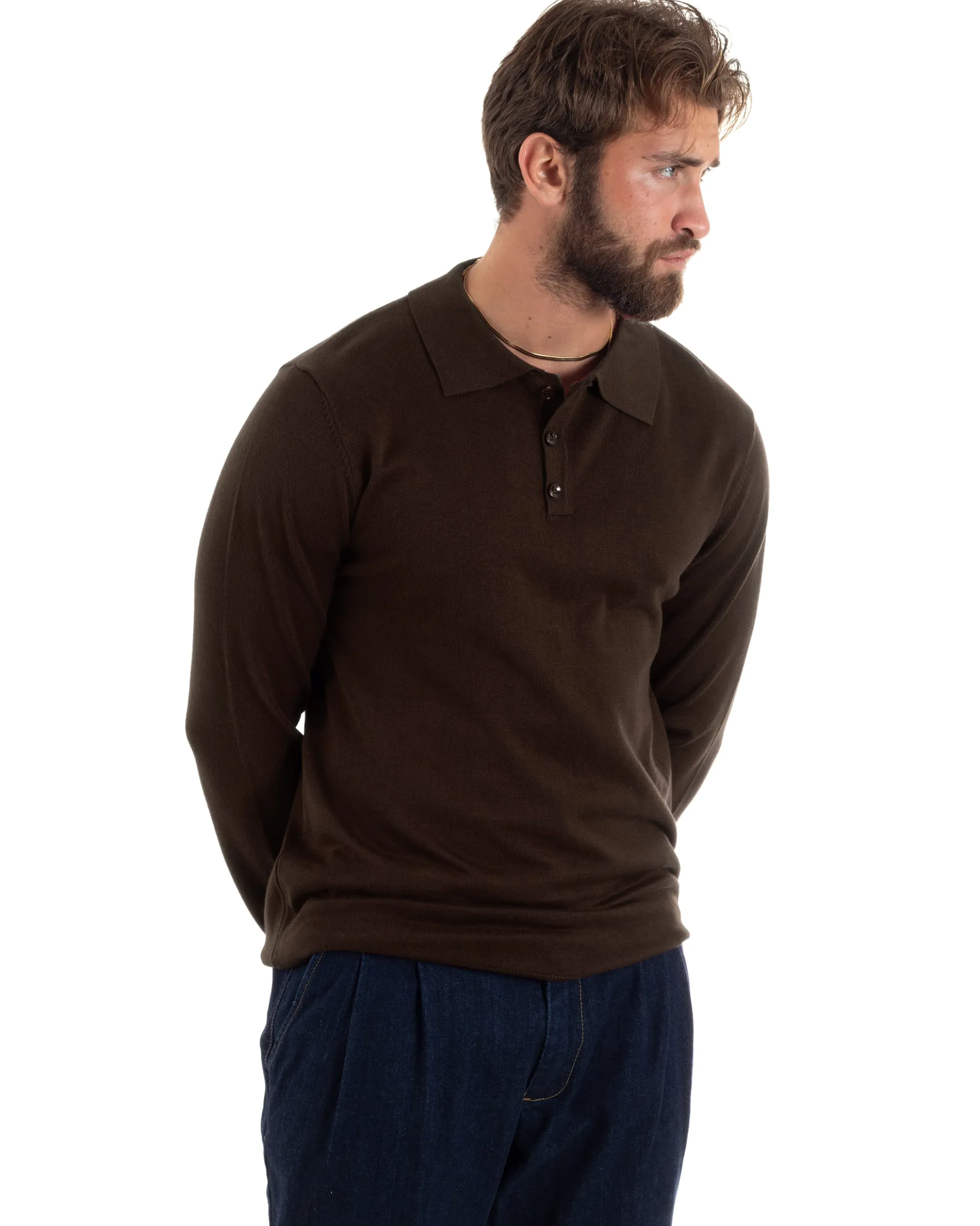 Maglioncino Uomo Casual Maglia Con Colletto Polo Basic Marrone M3002A