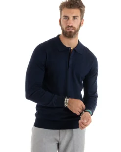 Maglioncino Uomo Casual Maglia Con Colletto Polo Basic Blu M2679A