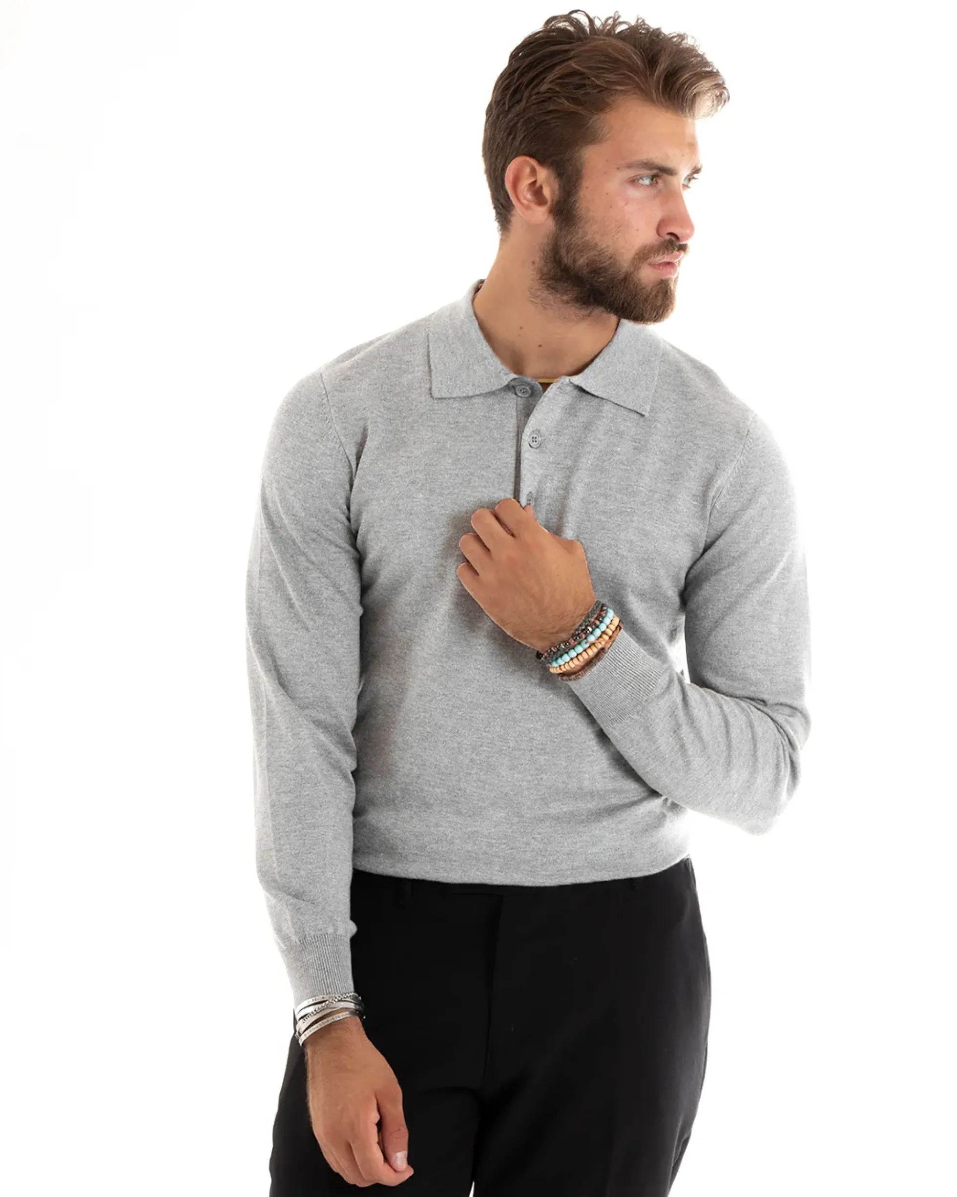 Maglioncino Uomo Casual Maglia Con Colletto Polo Basic Grigio Chiaro M2685A
