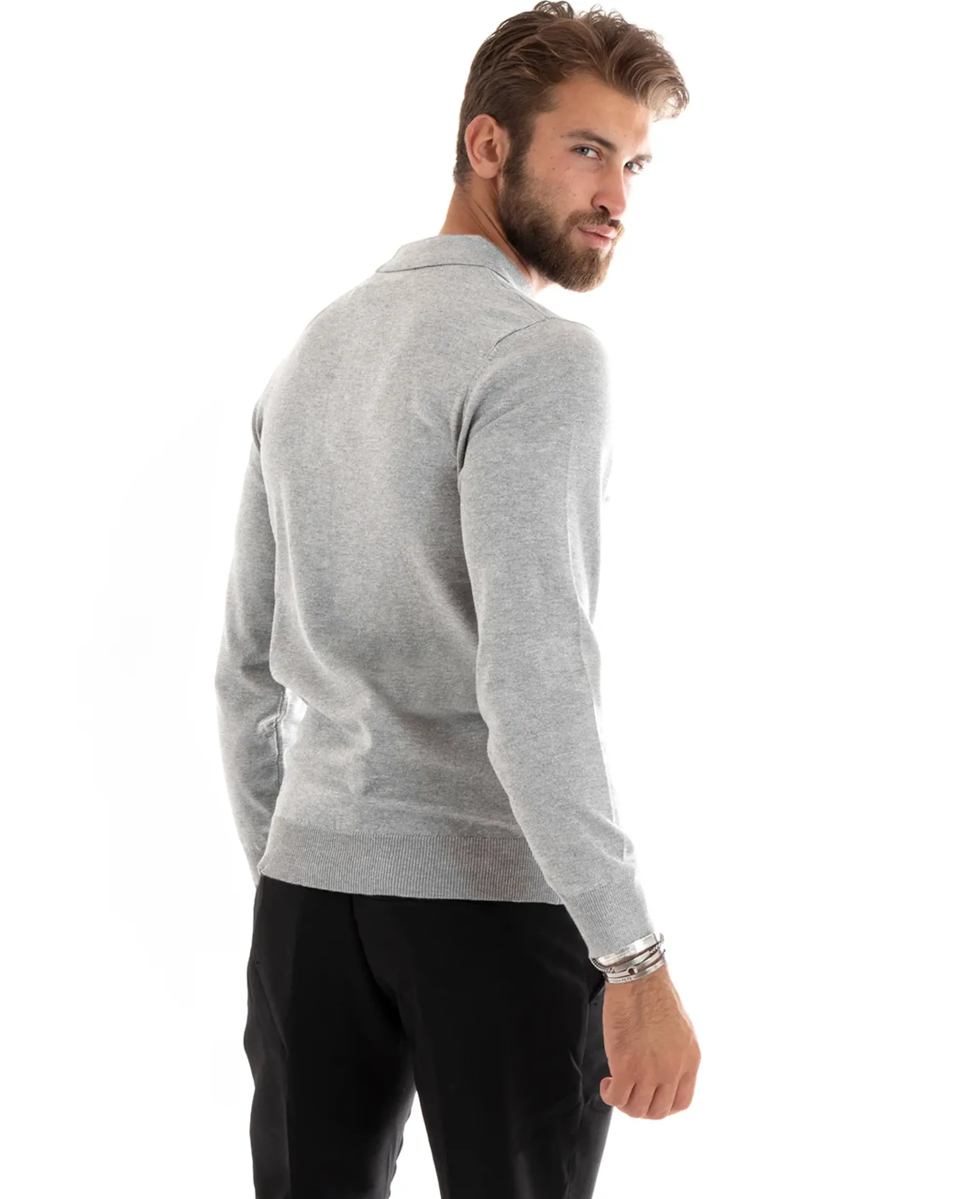 Maglioncino Uomo Casual Maglia Con Colletto Polo Basic Grigio Chiaro M2685A