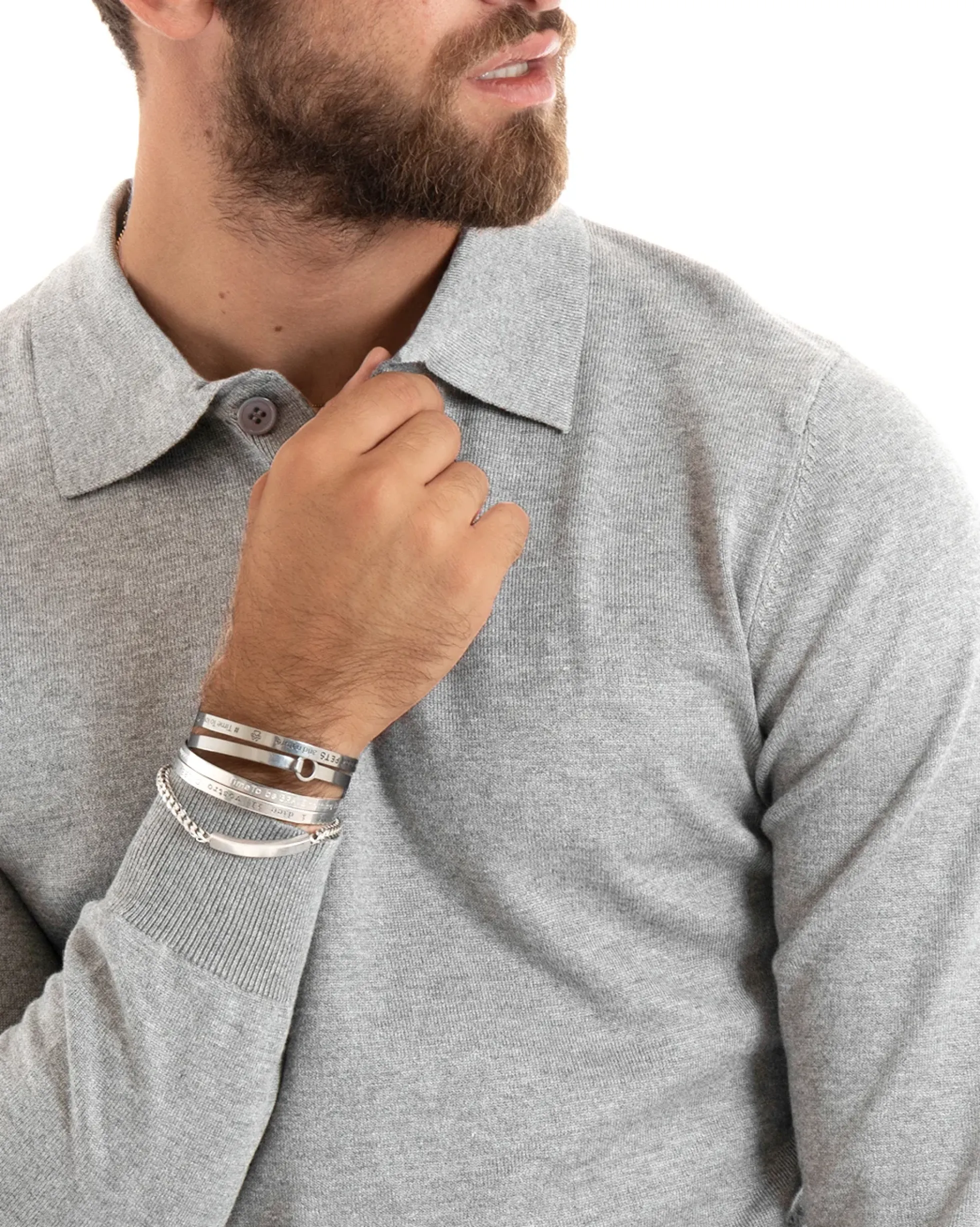 Maglioncino Uomo Casual Maglia Con Colletto Polo Basic Grigio Chiaro M2685A