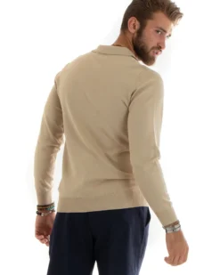 Maglioncino Uomo Casual Maglia Con Colletto Polo Basic Beige M2681A
