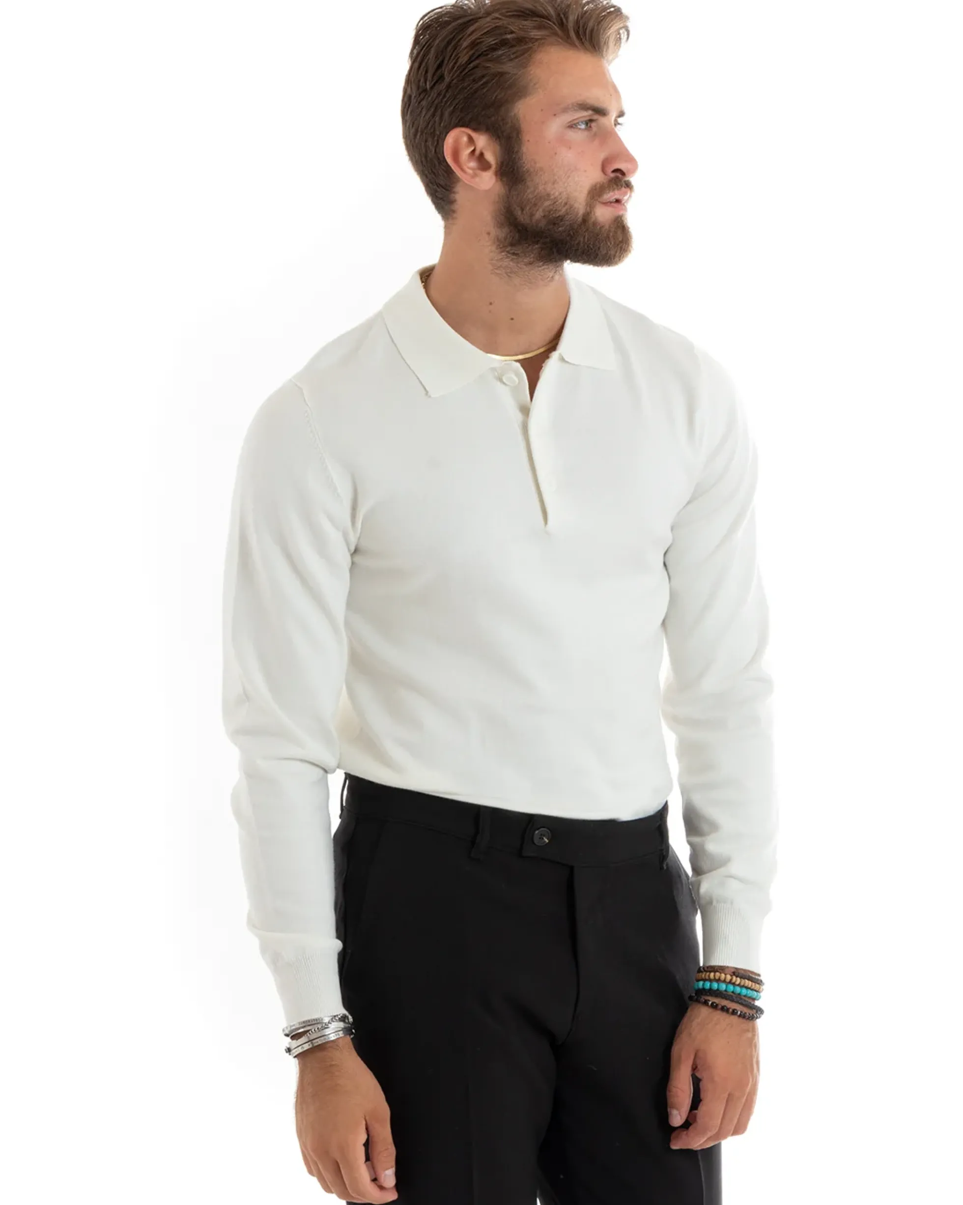 Maglioncino Uomo Casual Maglia Con Colletto Polo Basic Bianco M2683A